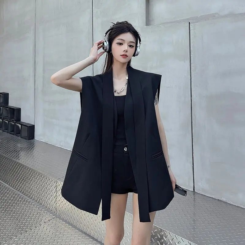 

Simple Design Style Fashion Black Blazer Vest Collarless Blazers Womens Summer New High-end Sleeveless Suit Top Trendy Waistcoat