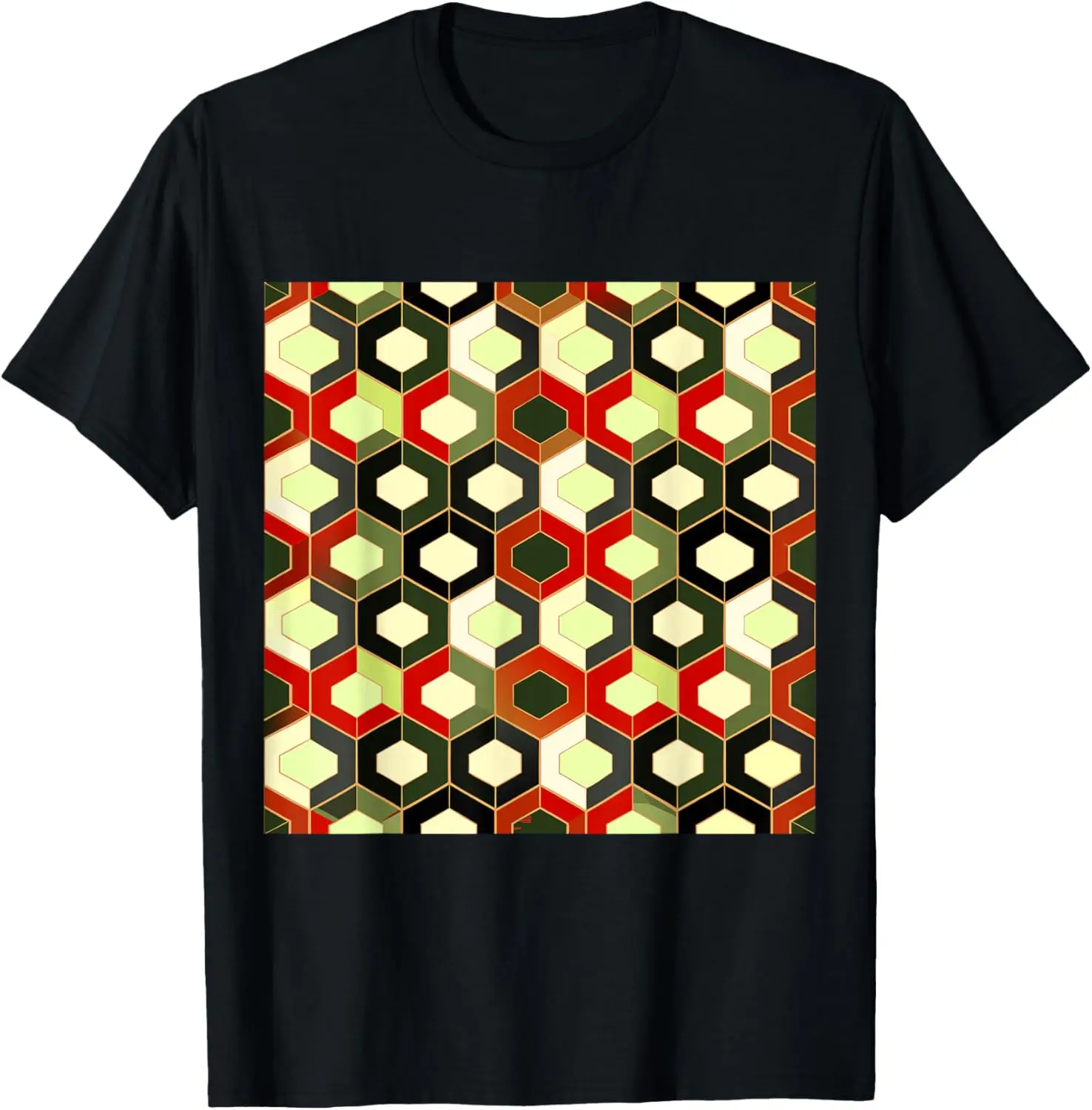 

GEOMETRIC HEXAGON PATTERN IN DARK GREEN BROWN AND BLACK T-Shirt