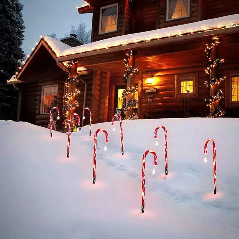 Candy Cane Pathway Lights Solar Powered Candy Cane Light Pathway Markers 1 to 8 LED Stake Lights Floor Lamp with Star Christmas