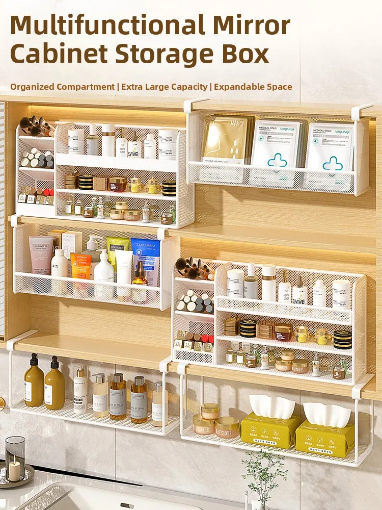 metal-grid-makeup-brush-storage-box-drawer-style-hanging-mirror-cabinet-multi-function-cosmetics-organizer-desktop-accessory