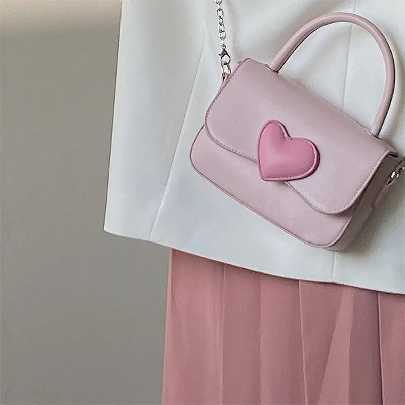 Pink Heart Girly Small Square Shoulder Bag Fashion Love Women Tote Purse Handbags Female Chain Top Handle Messenger Bags Gift