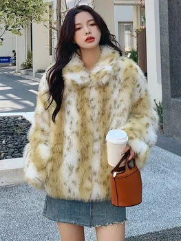 Manteau en fausse fourrure à imprimé léopard pour femmes, veste en peluche, revers Toka, esthétique adt, moelleux, haut de rue, créateurs de tendances, mode féminine, hiver