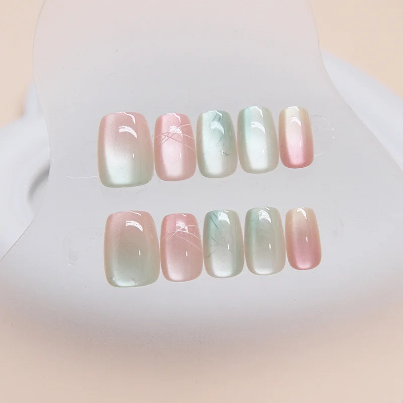 30pcs/set Cat's Eye Short Ballet Press on Nails for Girls Cheap Fake Nails Coffin Fashion Summer False Nails Acrylic with Charms