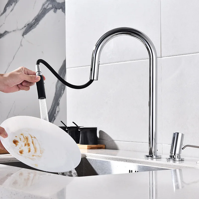 KEMAIDI سحب أسفل صنبور حوض المطبخ مقبض واحد ثقب مزدوج خلاط المياه الساخنة والباردة النحاس سطح الخيالة صنبور المطبخ الحنفية