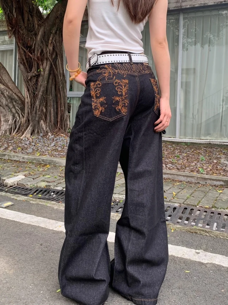 

Уличная одежда Cyber Y2K, черные женские джинсы с цветочной вышивкой, брюки для женской одежды, прямые готические хлопковые длинные брюки