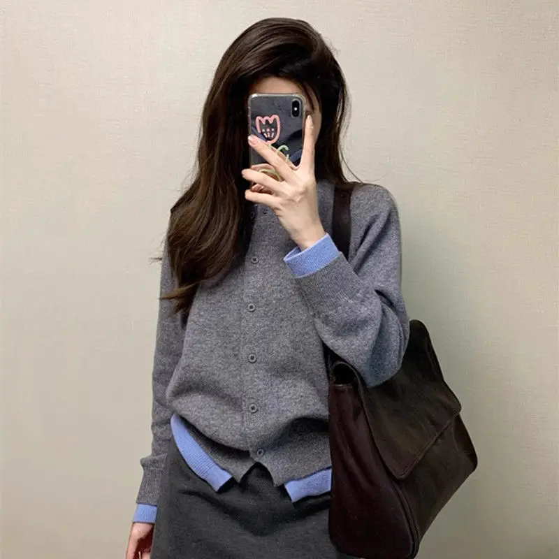 Women Autumn Fashion Patchwork Office Lady Solid Color O-neck Long Sleeve Knitwear Ladies Korean Casual Knitting Cardigan Coat