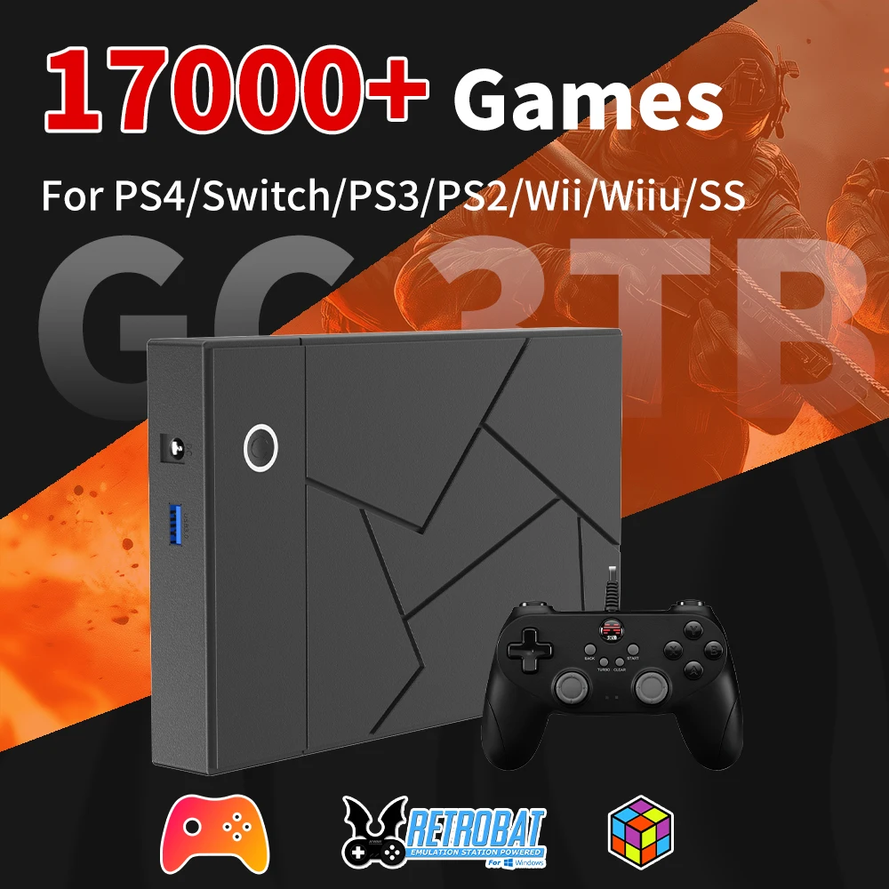 

Portable Gaming HDD 3TB Launchbox&Playnite&Retrobat Game Console for PS4/Switch/PS3/PS2/Wii/Wiiu with 17300+Games for PC/Laptop