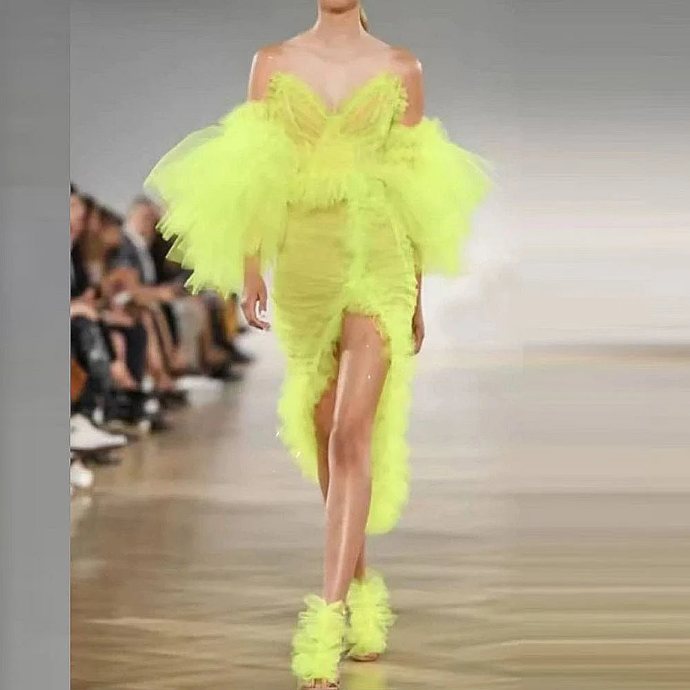 

Fluorescent Green Mermaid Prom Dresses Sweetheart Off The SHoulder High Slit Party Dress Tulle Vestidos