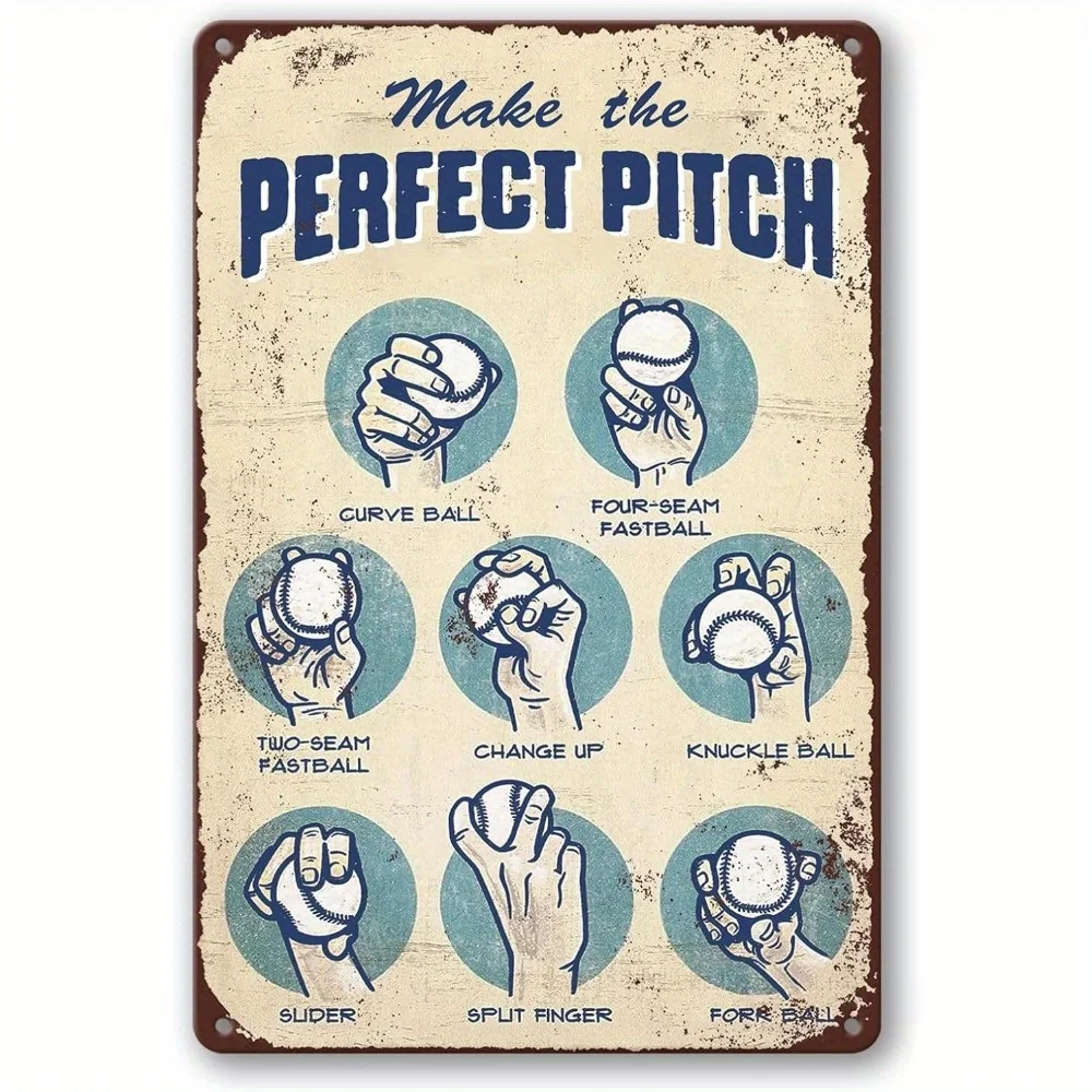 HD Metal Tin Sign Vintage 2D Flat Art American Baseball Sports Poster Make the Perfect Pitch Guide Curveball Fastball Changeu