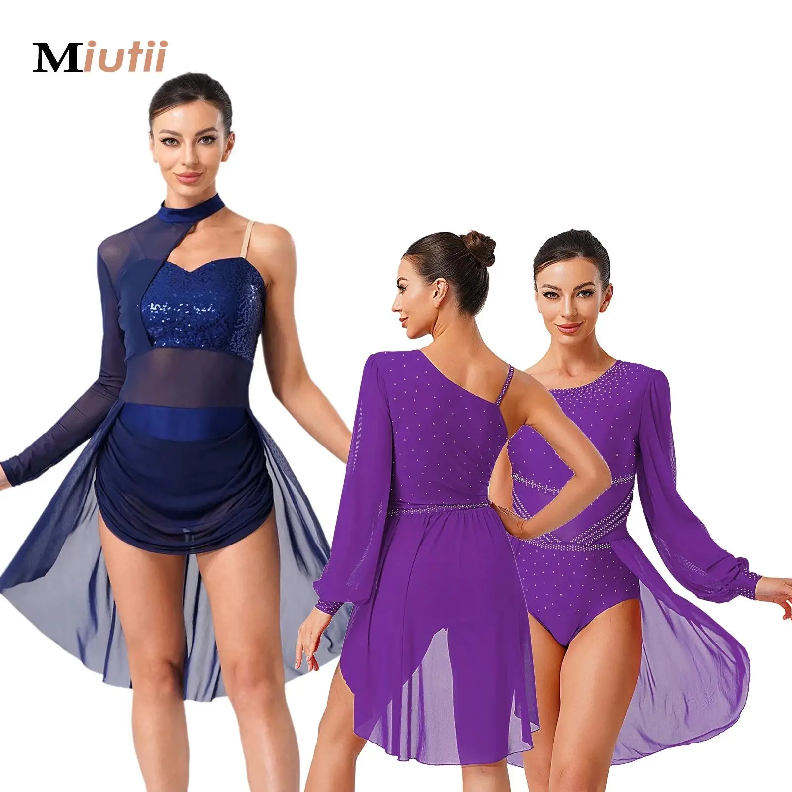 

Figure Ice Skating Dress Women Glittery Rhinestones Long Sleeves Ballroom Ballet Dance Costume Competition Performance Clothing