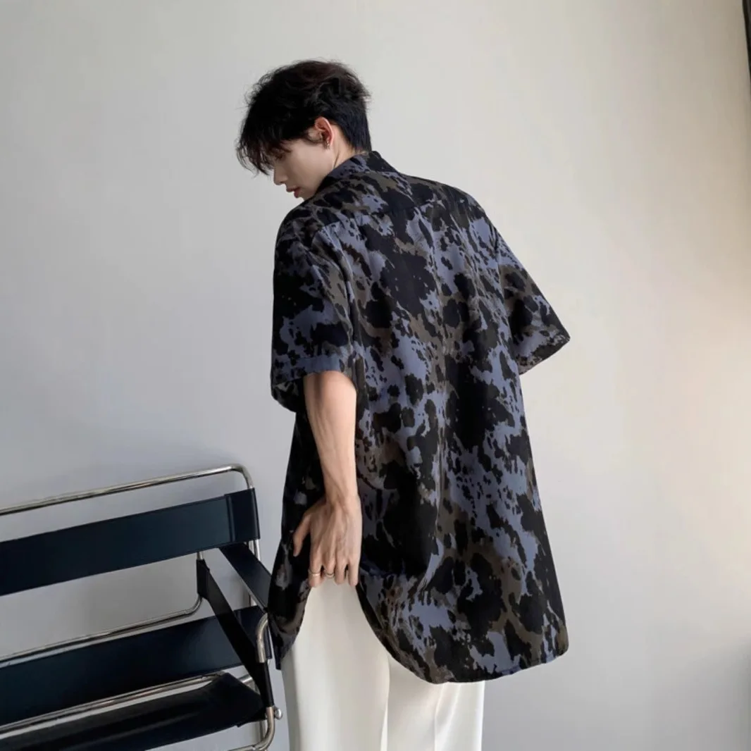 Men's High-end Handsome Tie-dye Short-sleeved Floral Shirt in Summer Thin Cool Ice Silk Sun Protection