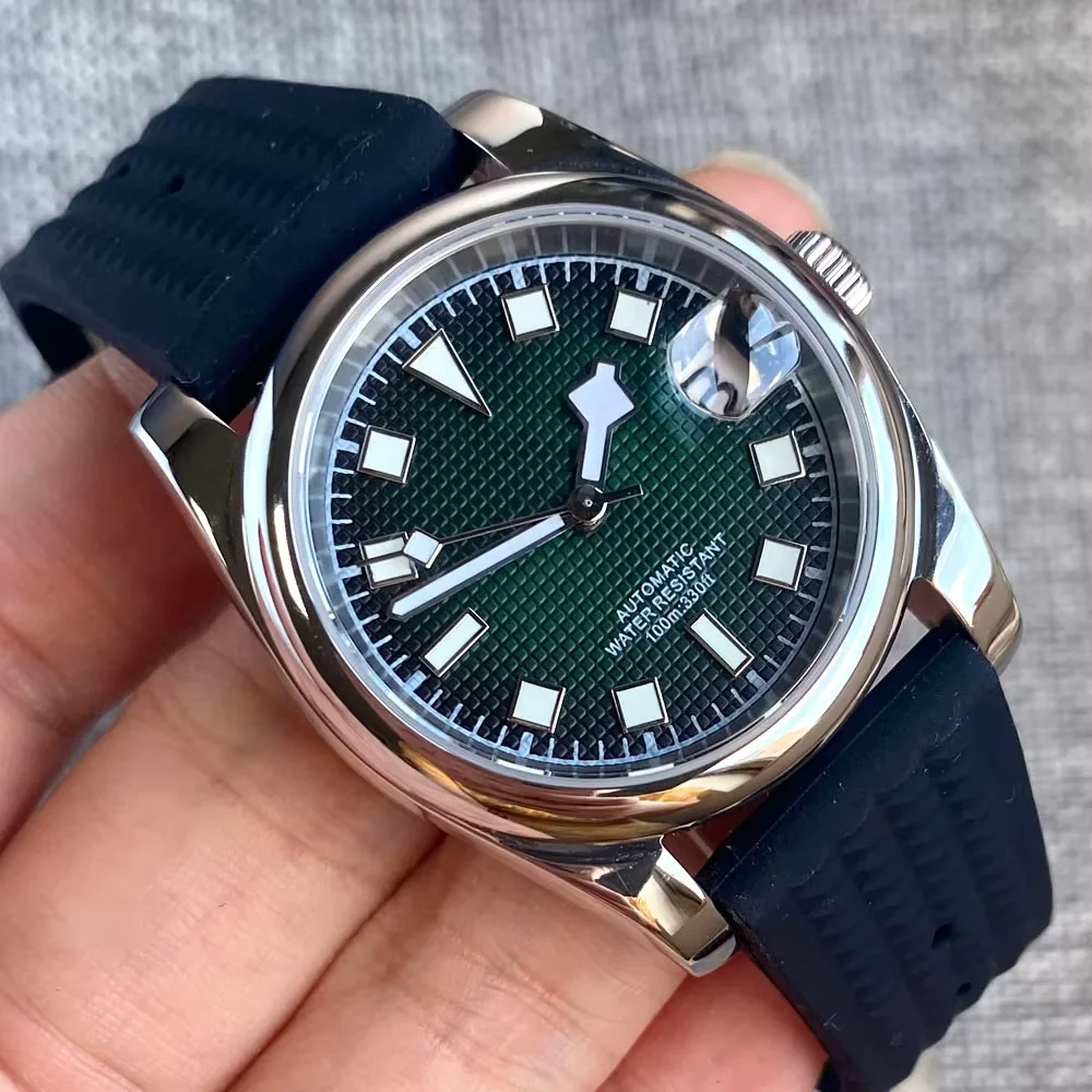 

Vintage Steel Mechanical Wristwatch Men NH35A Movt 36MM 39MM Clock Yellow Marker Waffle Band Sapphire Crystal Polish Bezel