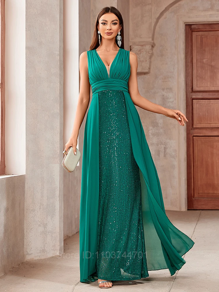 2024 Fashion Women Sleeveless V Neck Backless Green Sequined Elegant Evening Party Cocktail Prom Long Mermaid Dresses