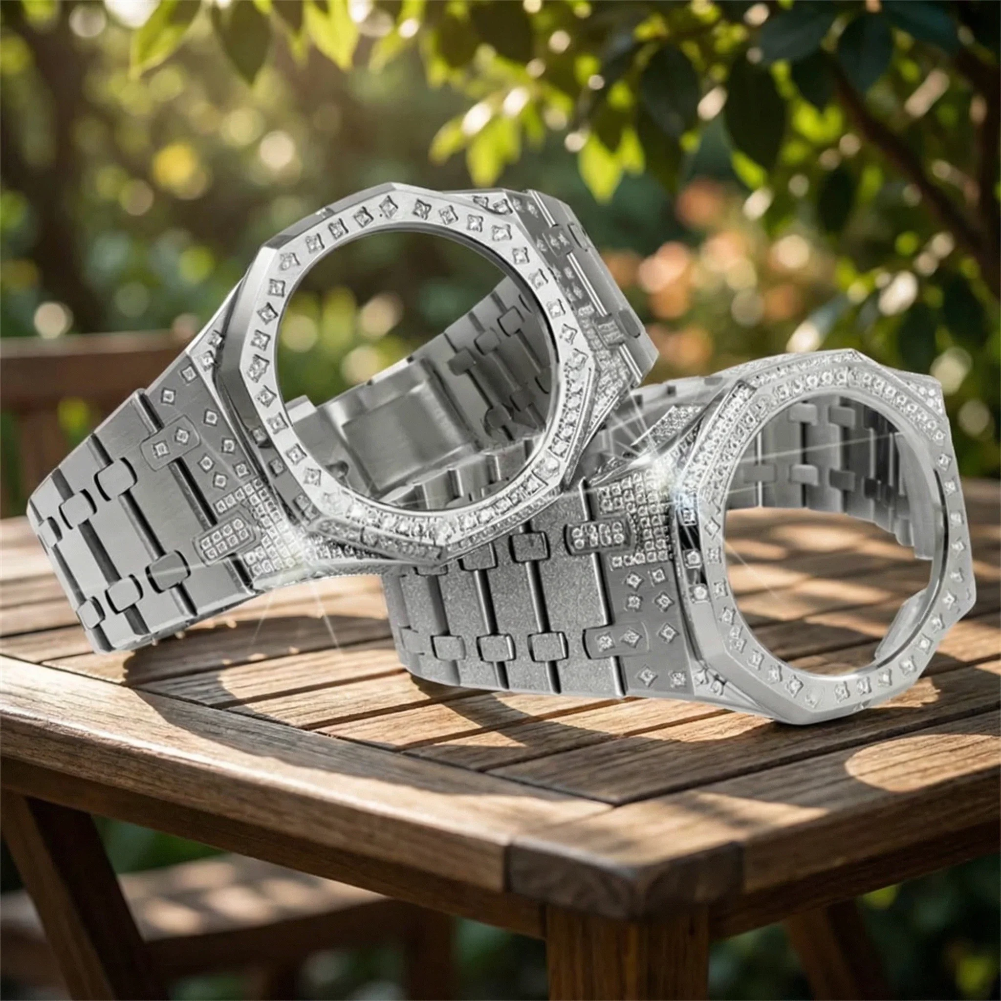 Modified GA-2100/GA-2110 Metal Fancy Drill Case Band + Case for Casio AP Farmer Oak GA-B2100 Frost Gold & Frost Silver Set