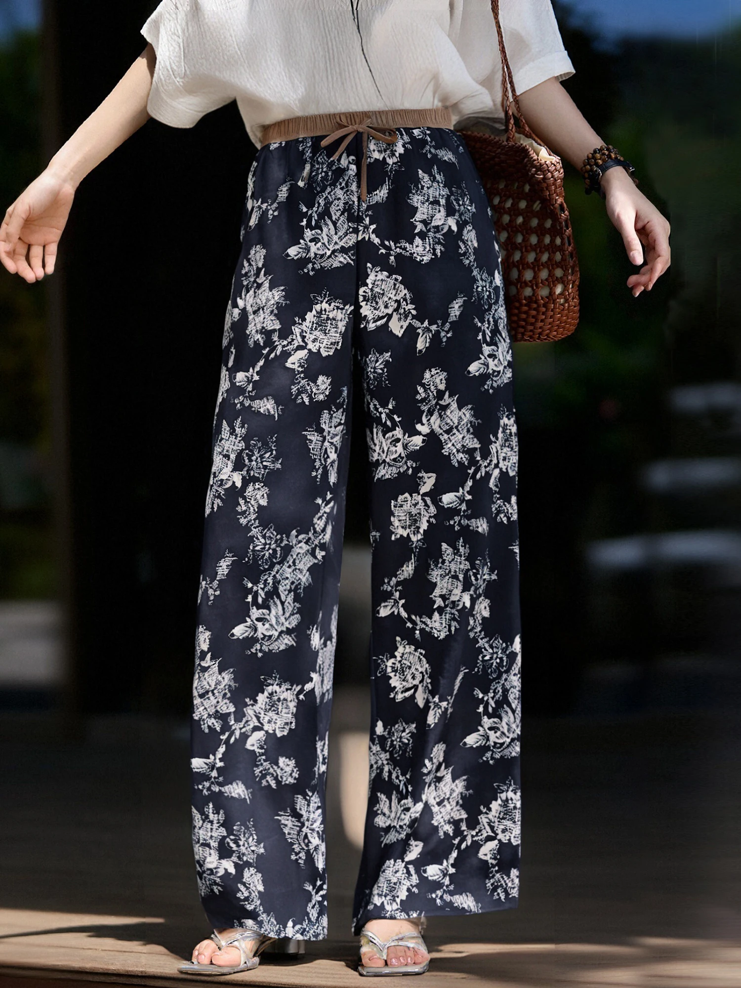 

Новые китайские широкие брюки для женщин: свободные, с эластичным поясом, с принтом, повседневные, длинные, с высокой талией, прямые брюки-трубы