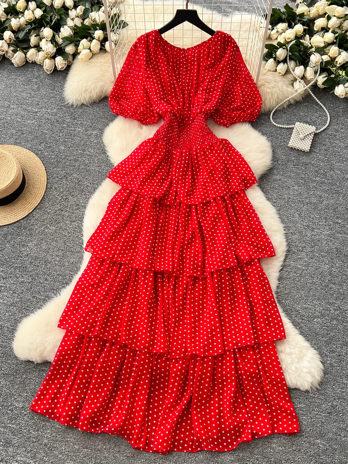 Vestido E F 2025 Verão Cintura Ajustada Manga Bufante Bolinhas Camadas Bolo Longo Estilo Coreano Cintura Alta