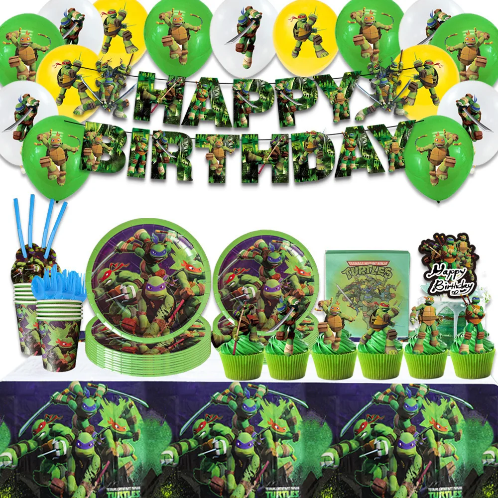 Suprimentos para festa de aniversário de tartarugas ninja mutantes adolescentes, copos de papel de papelão de anime, bandeira nacional, suprimentos para festa de aniversário
