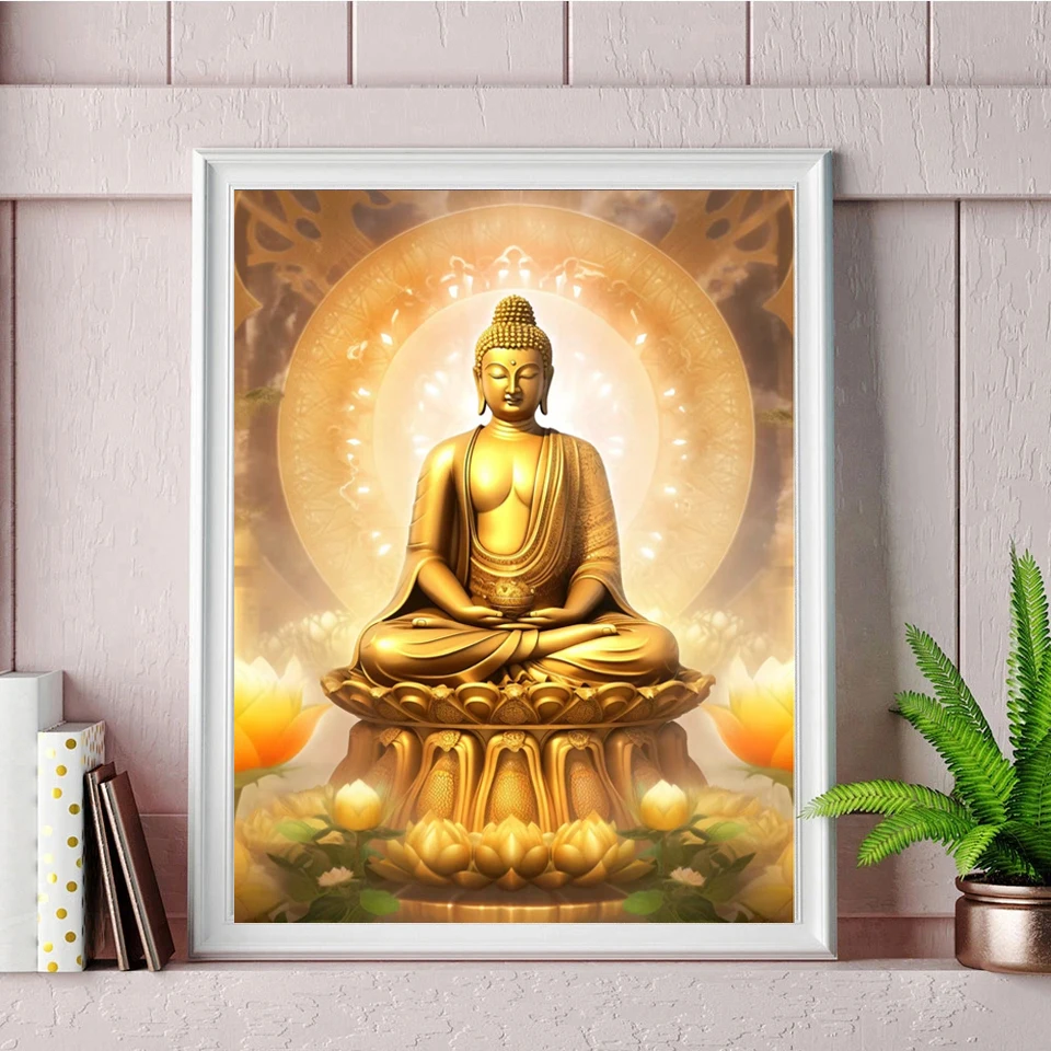 5d Diamond Painting New Arrival Fantasy Golden Buddha Lotus Diy Full Mosaic Embroidery Buddhist Flowers Picture Home Decor