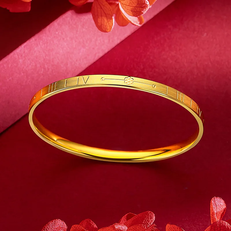 Real 24K Gold Color Bracelet for Women CNC Craft Car Flower 1314 Bracelet Bangles for Girlfriend Birthday Gift Fine Jewelry