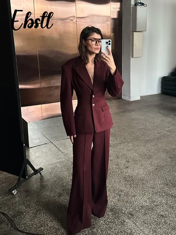 Wine Red Single-breasted Blazers Coat Pants Set Women's Elegant Waist-cinching Lapel Jacket Wide Leg Trousers 2026 Spring Outfit