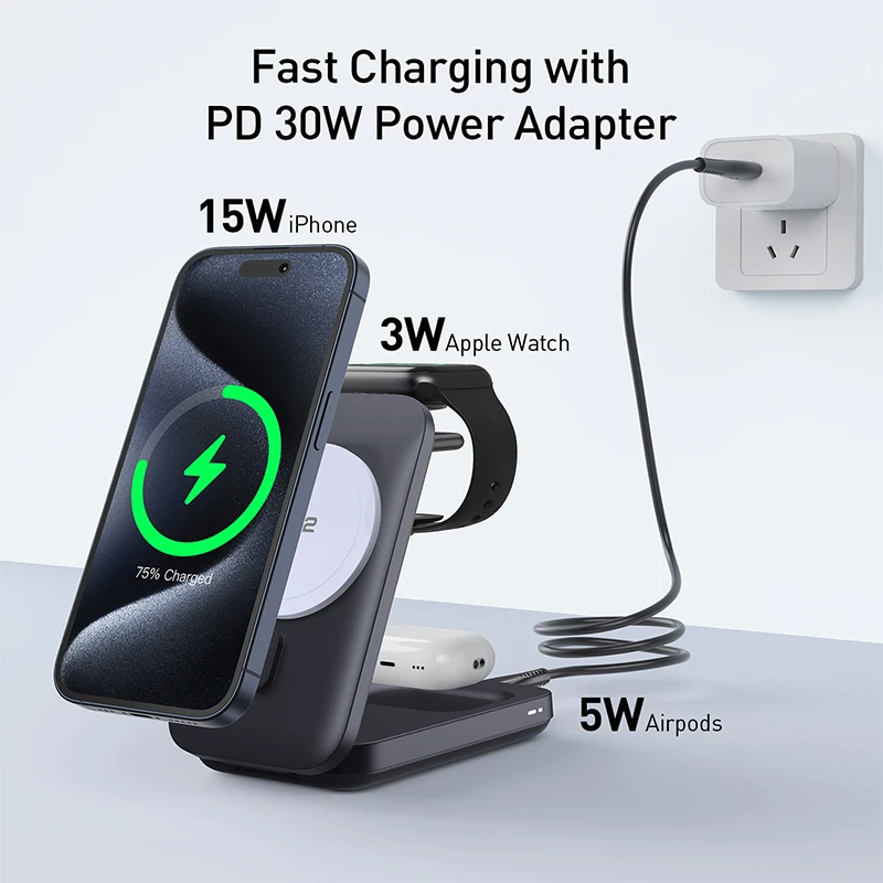 30W Qi2 Wireless Charger for iPhone 16 15 Pro Max 3in1 Fold Wireless Chargers Portable Travel Phone Charging Station for AirPods