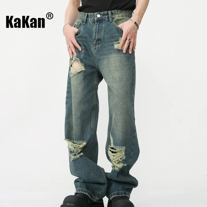 Kakan - New Korean Vintage Loose Drag Hole Jeans for Men, Street Hip Hop Trendy Denim Pants K50-M7-D-488