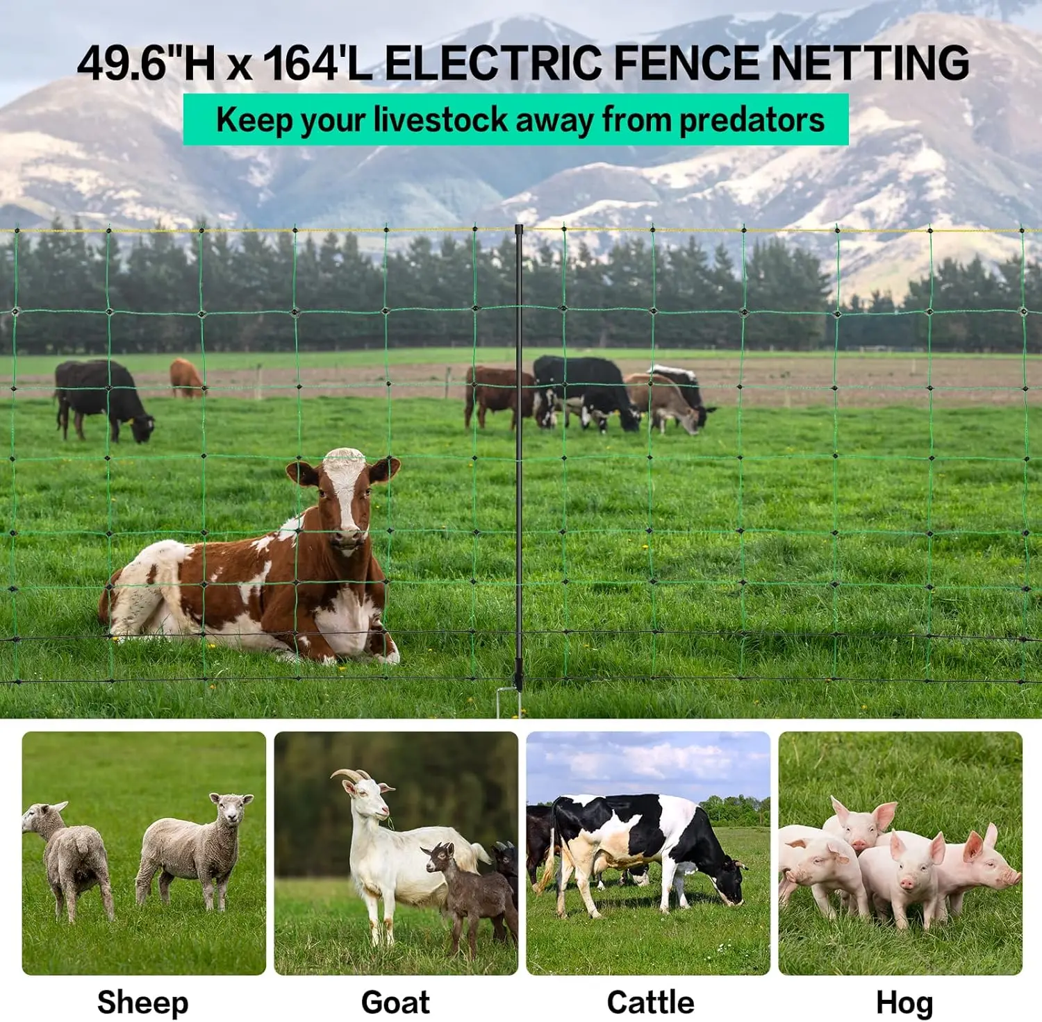 Electric Fence Netting 49.6" H x 164' L, PE Mesh Kit with Posts for Sheep Goats Deer Dogs