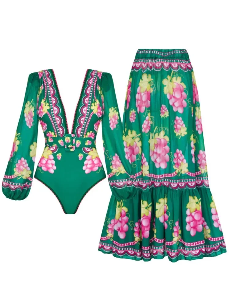 Bikini verde Retro, traje de baño de una pieza estampado a la moda y cubierta con falda ajustada, vendaje para mujer, playa de verano, elegante de lujo