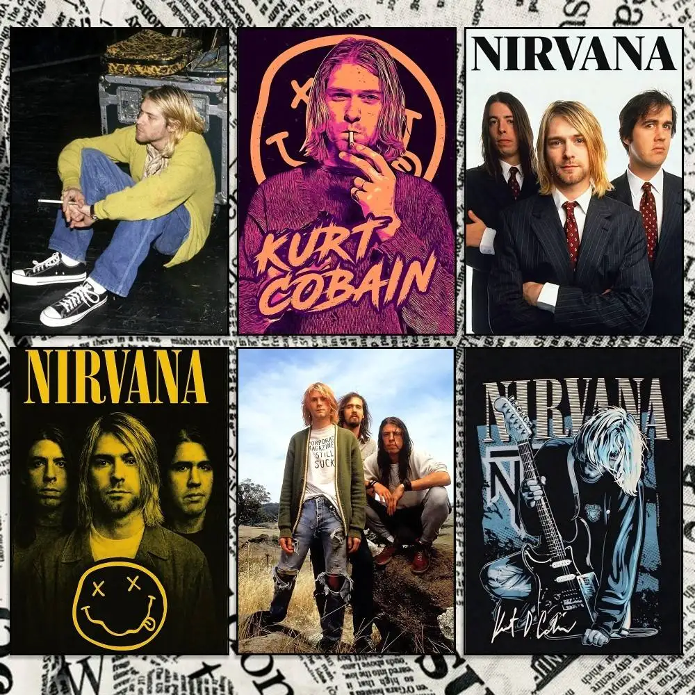 Grunge-Band N-Nirvana K-Kurt Cobain Poster Selbstklebender Wasserdichter Papieraufkleber Kaffeehaus Bar Raum Wanddekoration