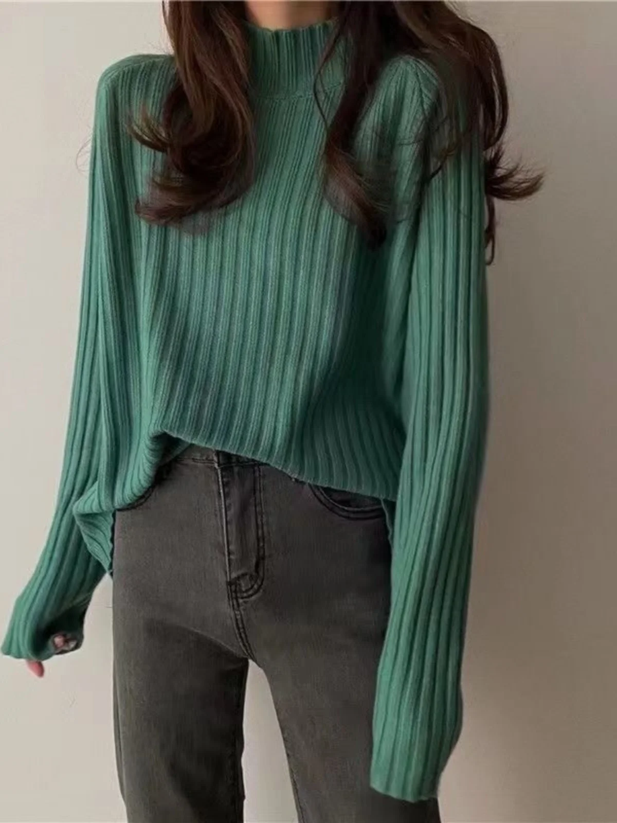 فضفاض محبوك أعلى f عالية طوق بسيط Sle Boting سترة الخريف الشتاء جديد وصول البطن تغطي الكاميرا الدافئة الناعمة