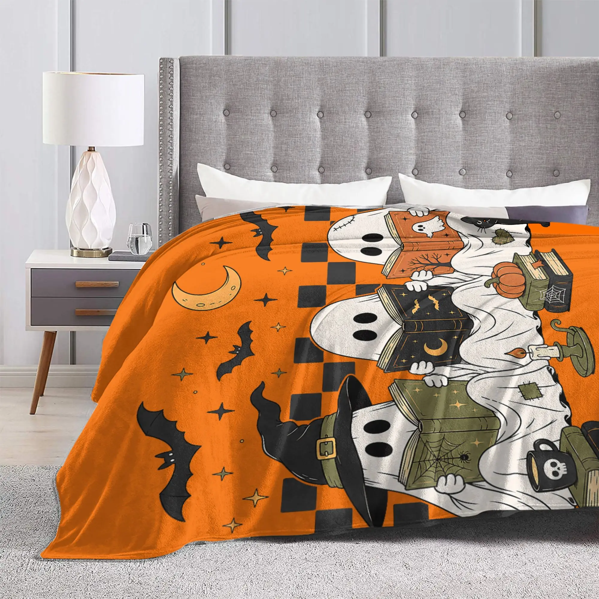 Halloween Ghost Reading Books Witch Cat Blanket Cover Fleece  Soft Throw Blankets for Bedding Couch Bed Rug