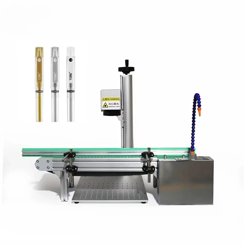 آلة الوسم الطائر بليزر الألياف 30 وات الأوتوماتيكية مع حزام ناقل لوضع علامات على القلم