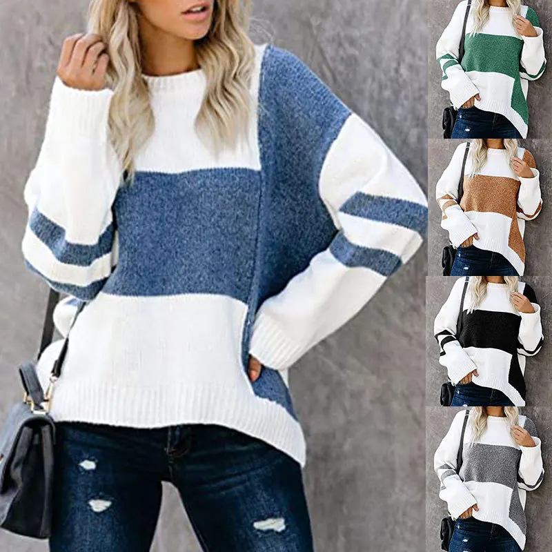 

2023 New Retro Striped Sweater Women Contrast Color Stitching Round Neck Pullover Knitted Sweaters