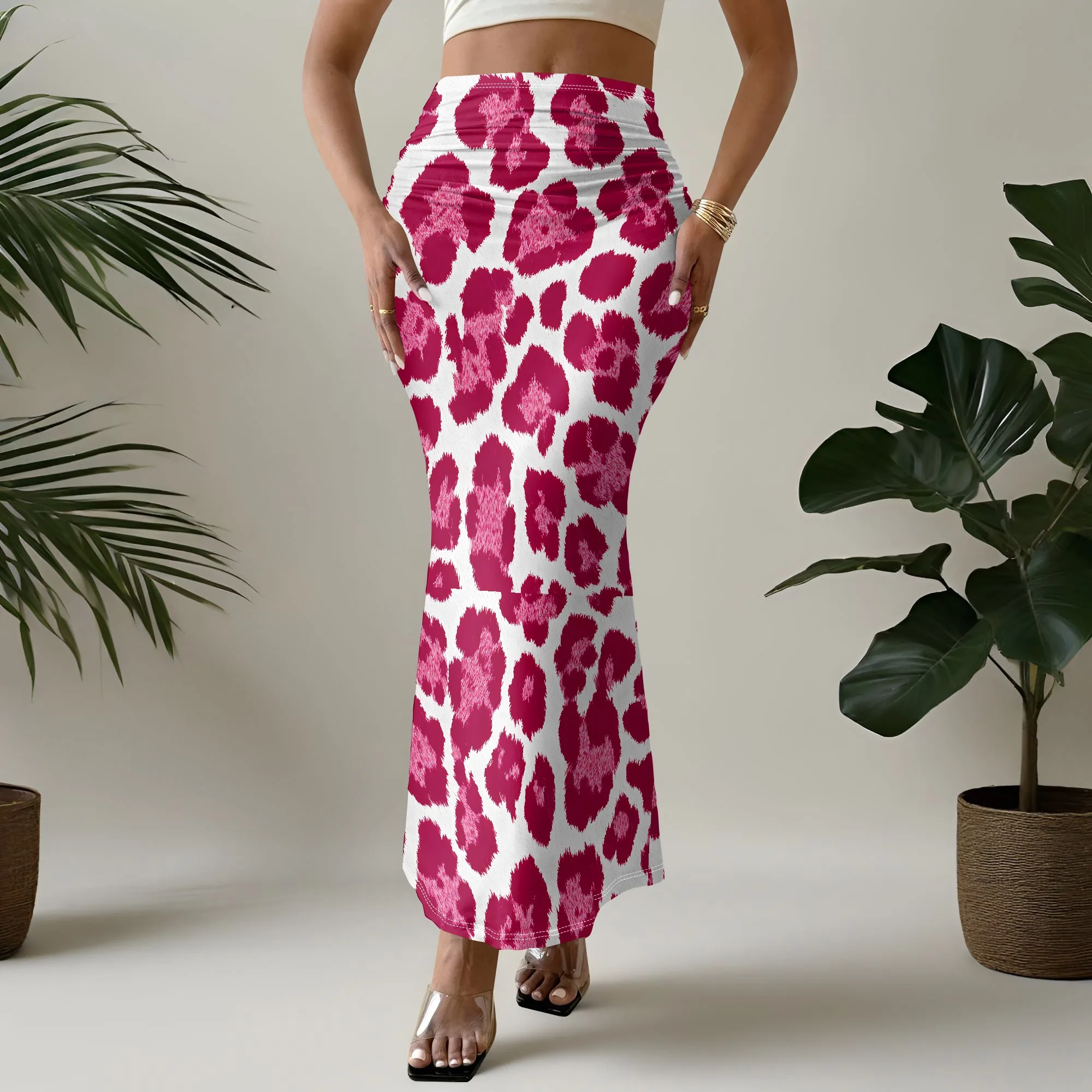 Pink Leopard Print Skirt, Women's High Waist Mermaid Skirt, Ikat Animal Pattern Long Skirt, Summer Beach Vacation Wear, S-3XL