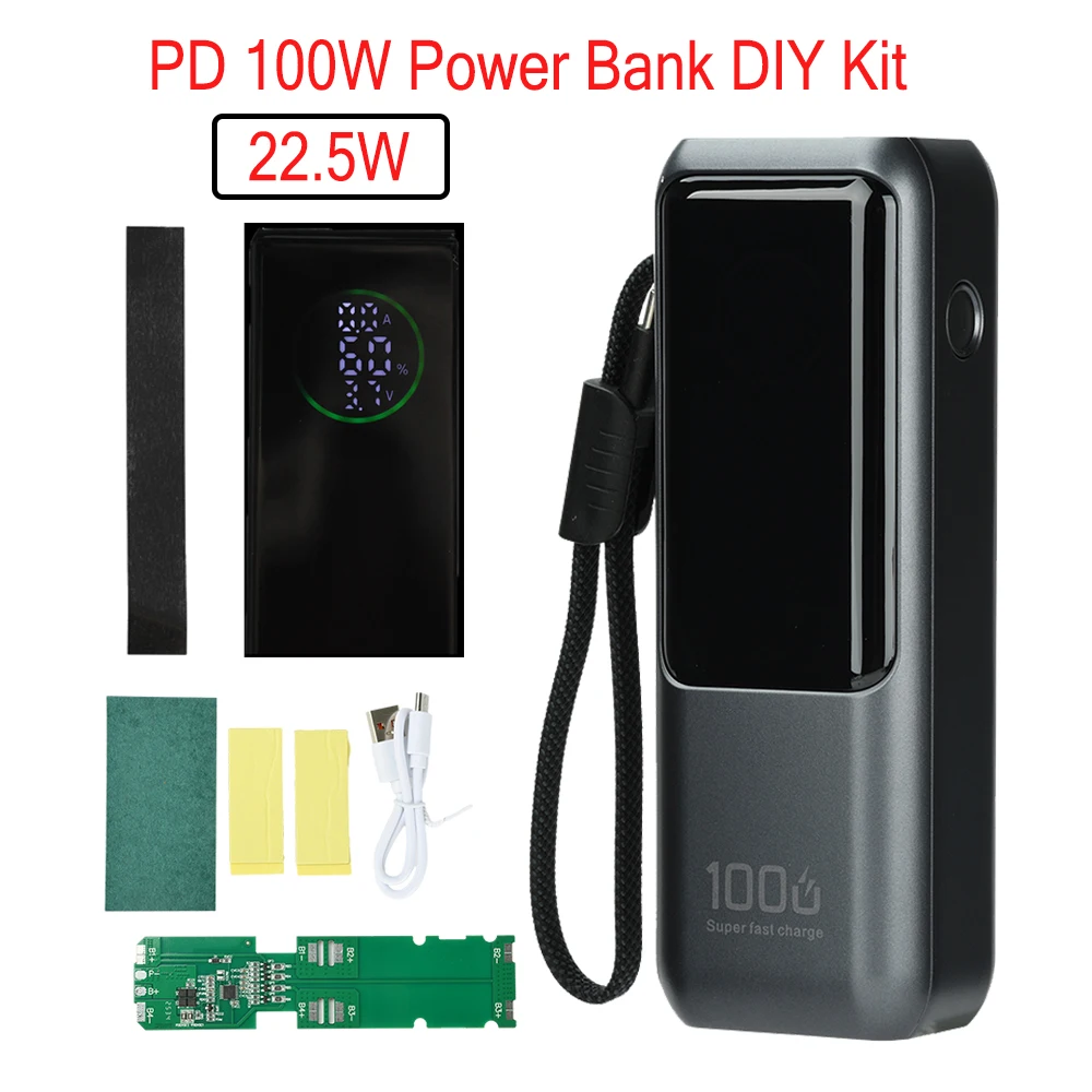 PD 100W Fast Charging Power Bank Kit 4-Cell 21700 Battery Case Portable with Built-In Battery Storage Housing for Electronics