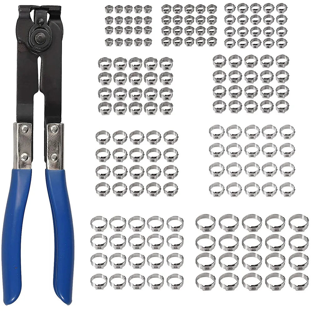 

B50 180PCS 5.8-21Mm Ear Stepless Hose Clamps 304 Stainless Steel Single Hose Crimping With Blue Clamp Pliers Wood Working Tools