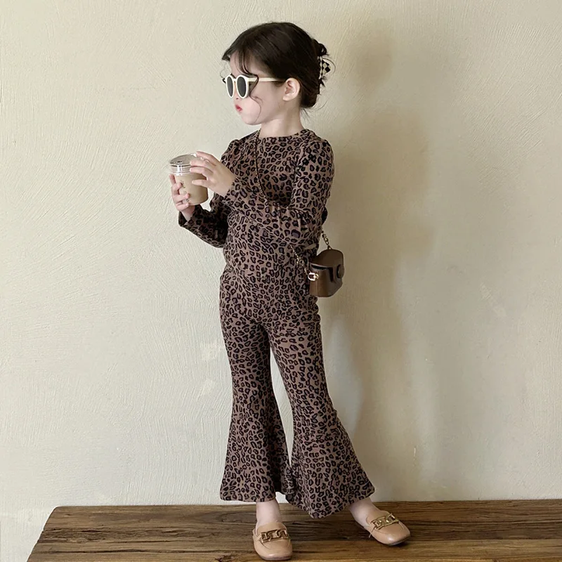 

Autumn Infant Babys Girl 2PCS Clothes Set Cotton Leopard Long Sleeve Outfit Bell-bottoms Kid Girl Flare Pant Suits