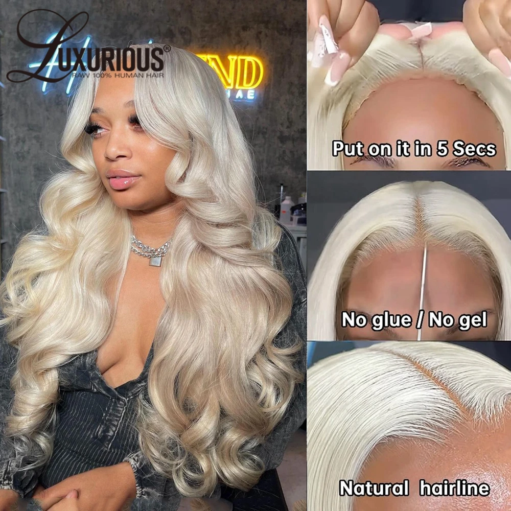 Platinum Blonde Layered Human Hair Glueless 5X5 Closure Wigs Preplucked Transparent Body Wave 250 Density 13X4 Lace Front Wig