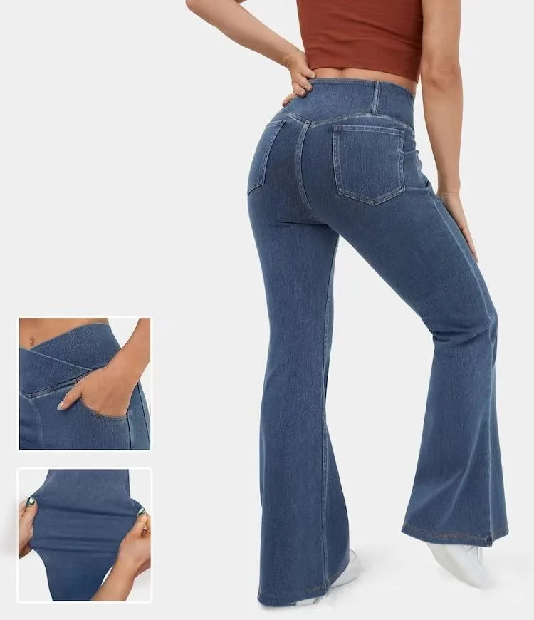 Women Bell Bottom Pants High Waist Flare Legging 4 Way Stretch Denim Fitness Casual Jeans Women Comfy Daily Hip-lifting Trousers