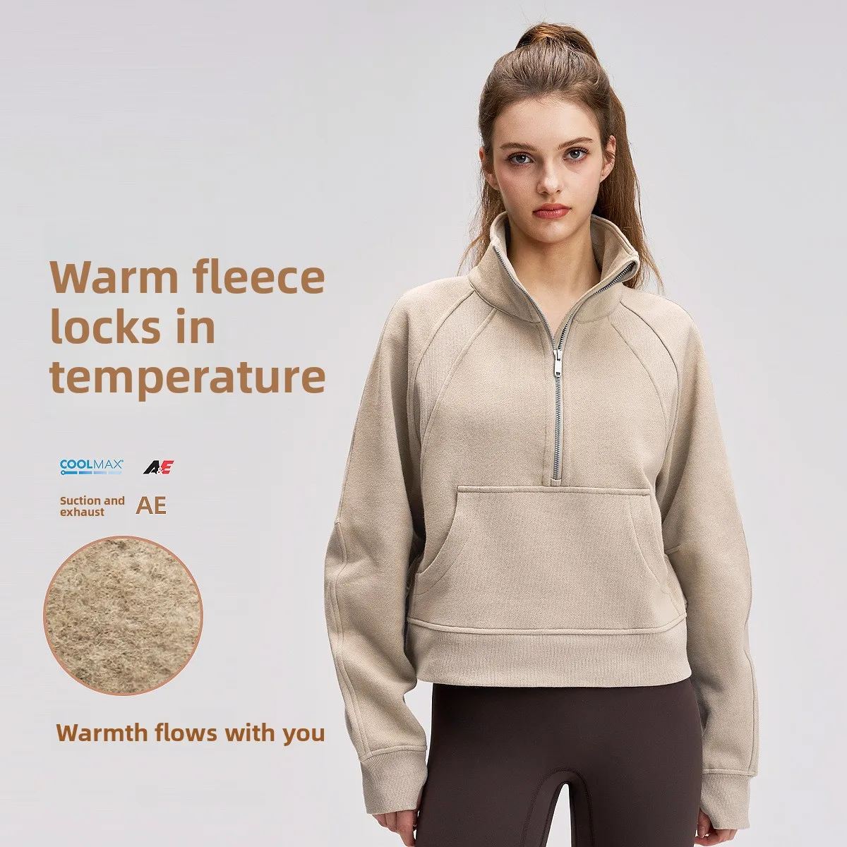 

Windproof sports jacket women's velvet thickened semi-zipper loose yoga gym clothes cotton chimney turtleneck sweater