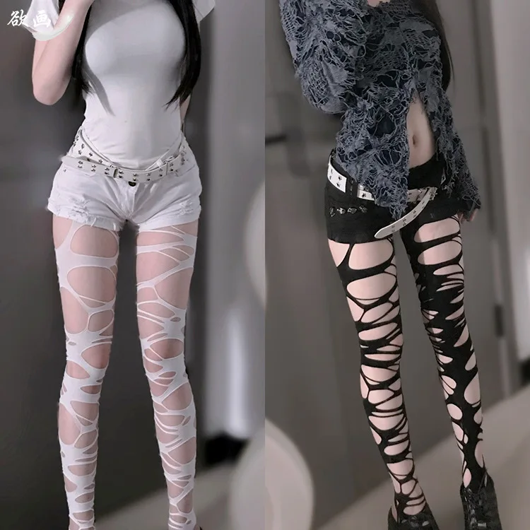 Lolita JK Ripped High Waist Stockings Punk Hollow Fishnet Stockings for Women Gothic Spider Web Stockings Rave Party Stocking