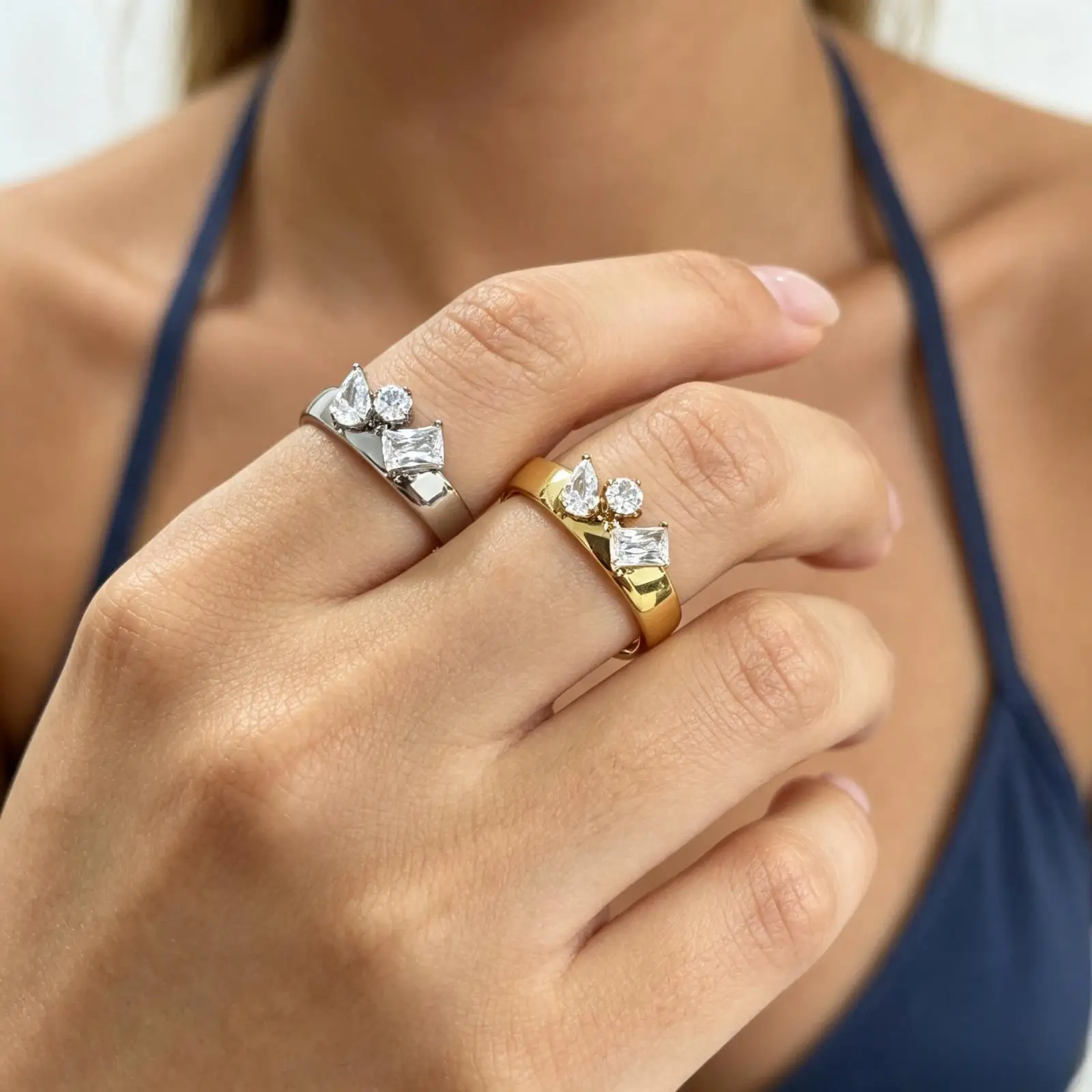 Stainless Steel Special Shaped Zircon Combination Ring for Women PVD Gold Plated Jewelry New