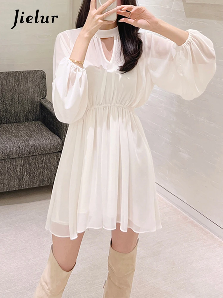 

Jielur Шикарное женское платье с вырезами в Корейском стиле, шифоновые однотонные милые женские платья с круглым вырезом и длинным рукавом, модная уличная одежда