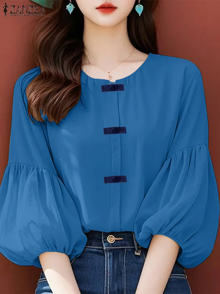 Mulheres elegantes 3/4 lanterna manga blusa de trabalho zanzea verão moda camisa senhora do escritório blusas casuais sólidos férias topos túnica