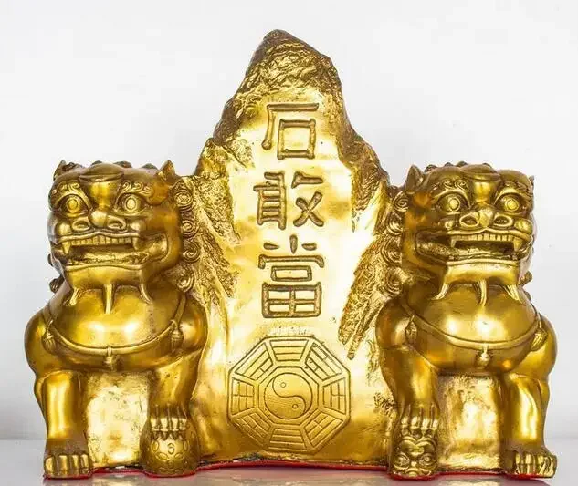 17CM Pure bronze stones dare to be double lions. Mount Tai ornaments. Eight trigrams. Copper lions