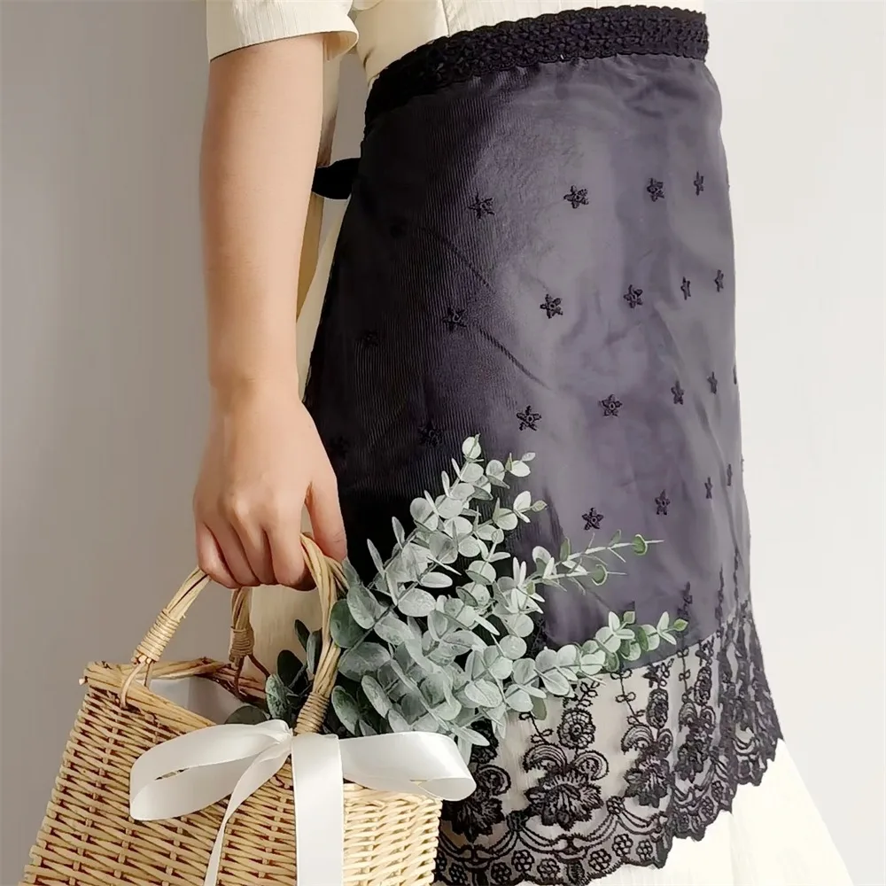 Waterproof Lace Half Waist Aprons Bucolic Embroidered Elegant Half-body Apron Stylish Polyester Fiber Half-Length Kitchen Apron