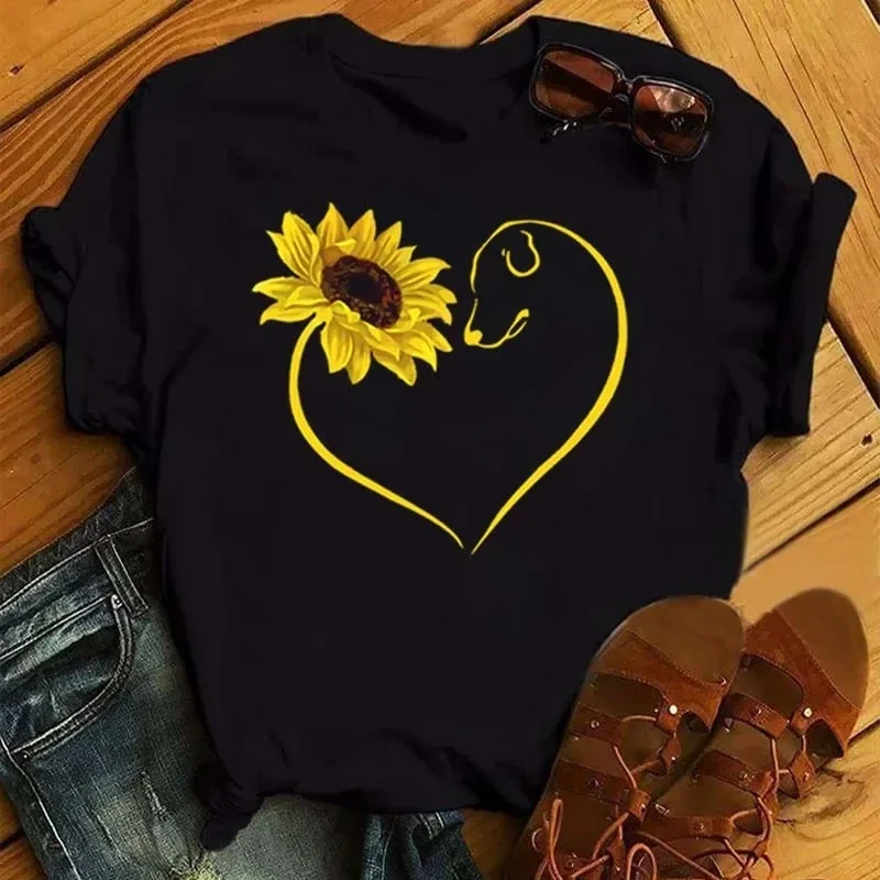 Maycaur new women sunflower butterfly print black T-shirts casual short sleeve tops cartoon graphic clothes female tees