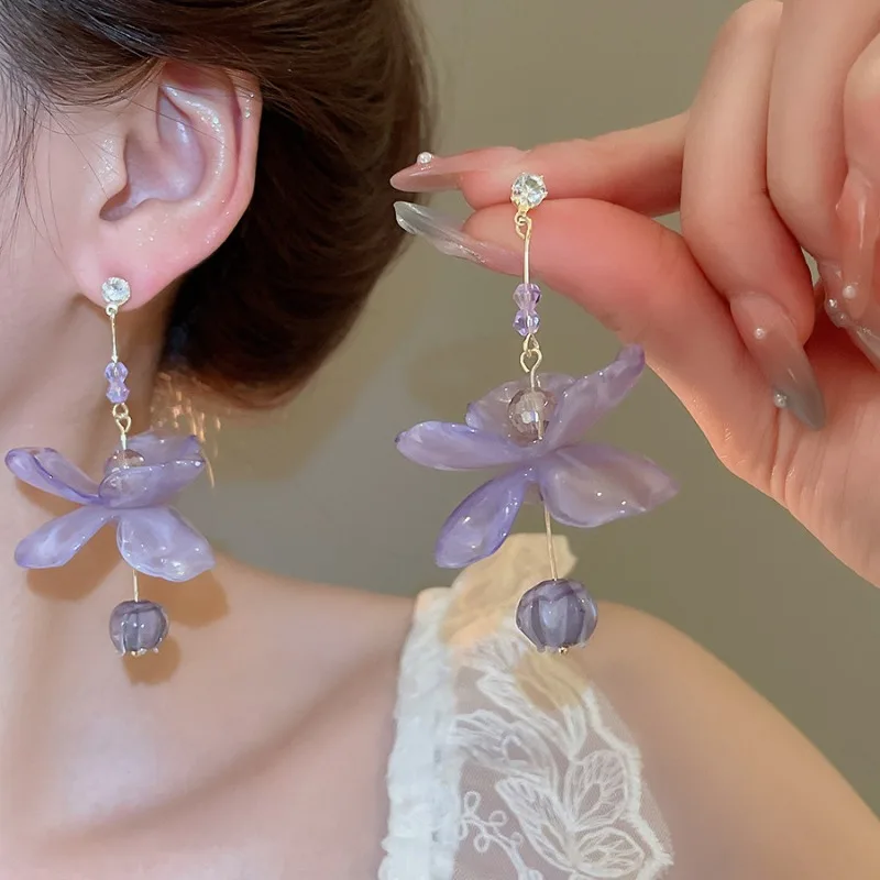 

Minar New Chic Purple Color Resin CZ Cubic Zirconia Flower Petal Long Statement Dangle Earrings for Women Party Wedding Jewelry