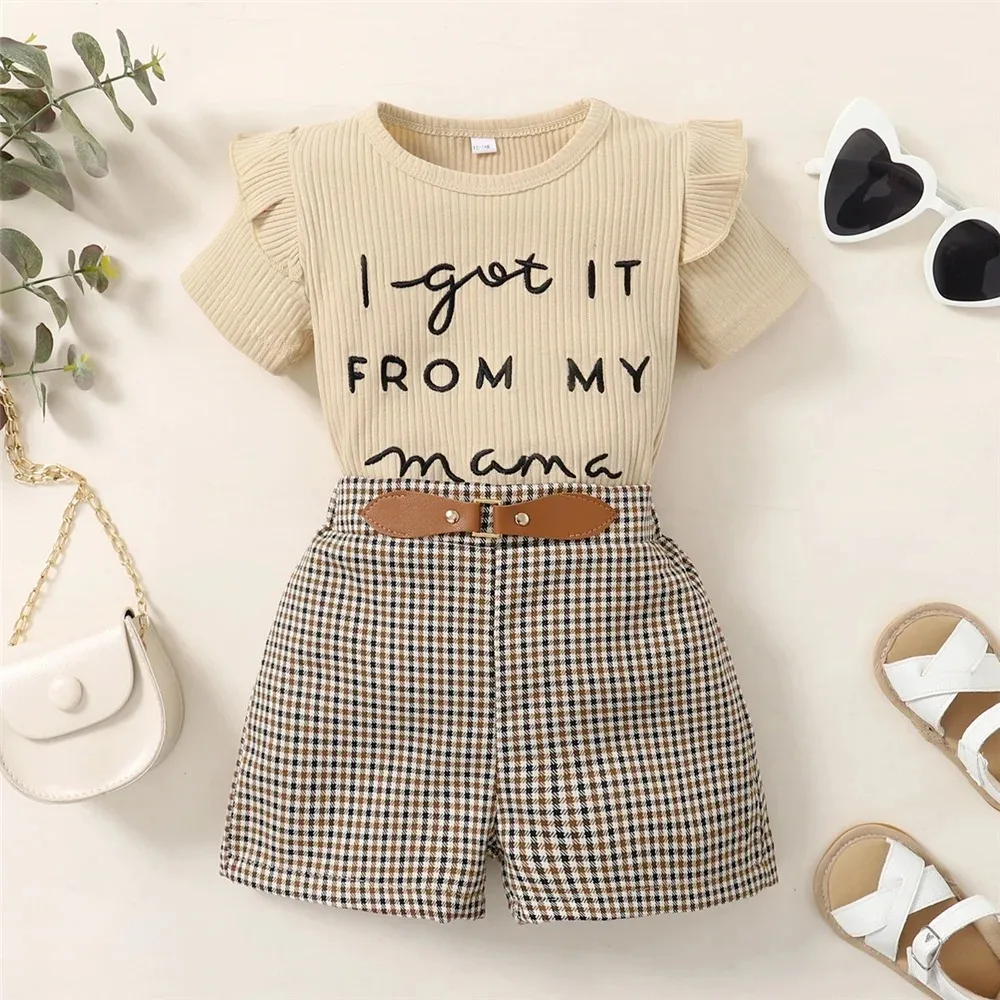 2PCS Toddler Baby Girl Clothes Set Letter Print Short Sleeve Top+Checkered Shorts Fashion Casual Outfit for Kids Girl 1-6 Years