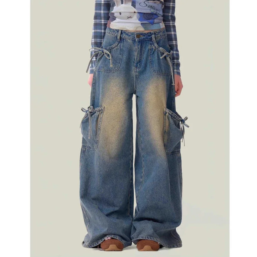 여성 빈티지 블루 보우 레이스업 멀티 포켓 Y2K 카고 청바지 90년대 아메리칸 레트로 스트릿웨어 하이웨이스트 루즈 와이드 레그 데님 팬츠